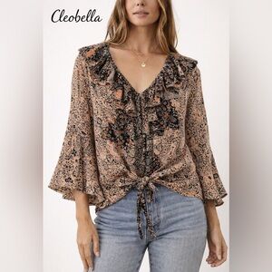 Cleobella Boho Floral Top Medium 100% Viscose Bell 3/4 Sleeve Blouse boho lady